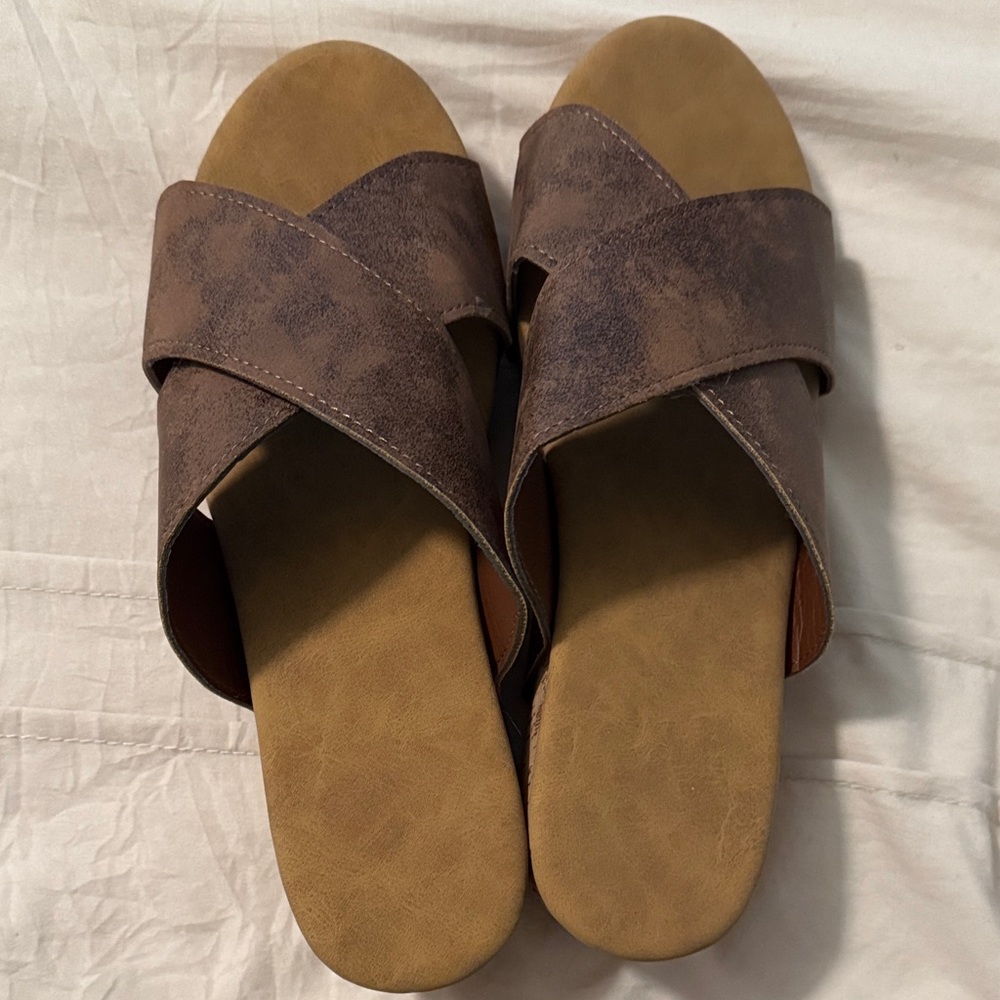 Brown Crisscross Slide Sandals